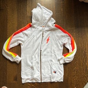 Aviator Nation Zip-Up White with Orange Neon Bolt and Stripes. Size Medium.